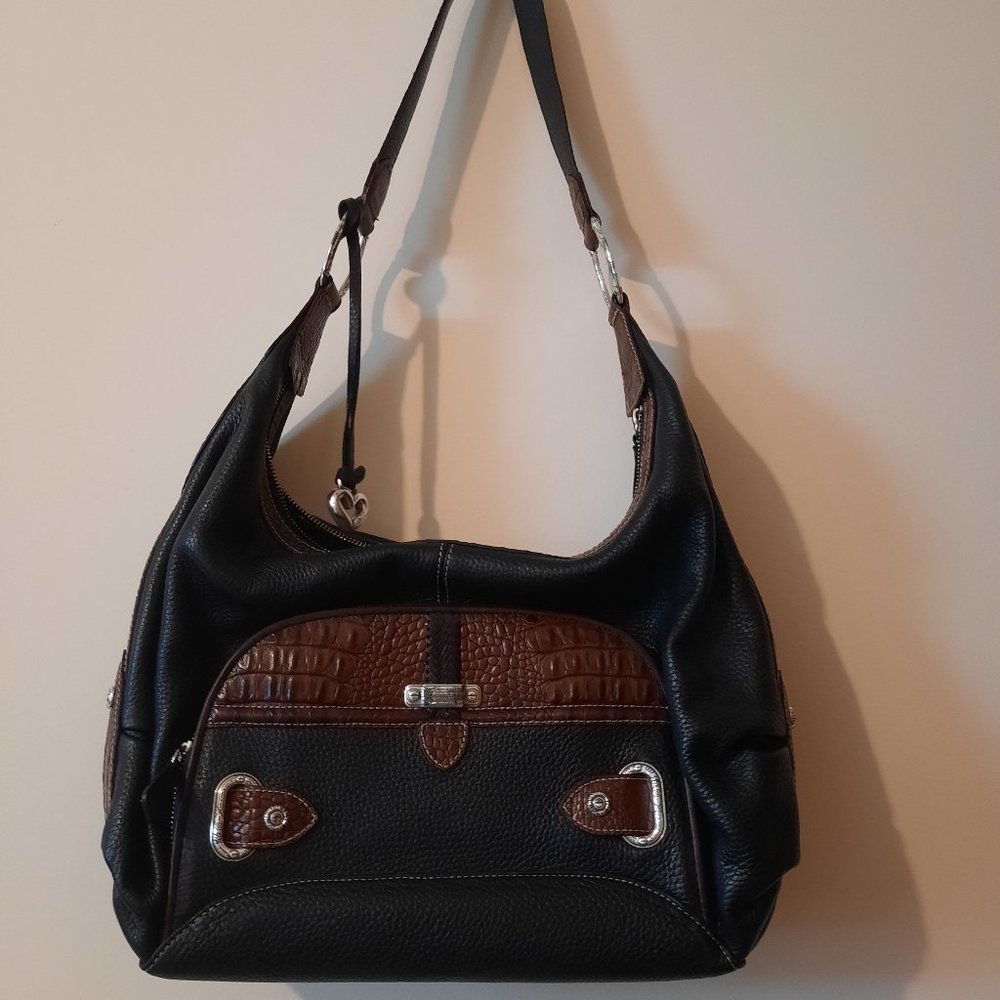 Brighton Black Pebbled Leather Hobo Bag with Crocodile Embossed Trim
